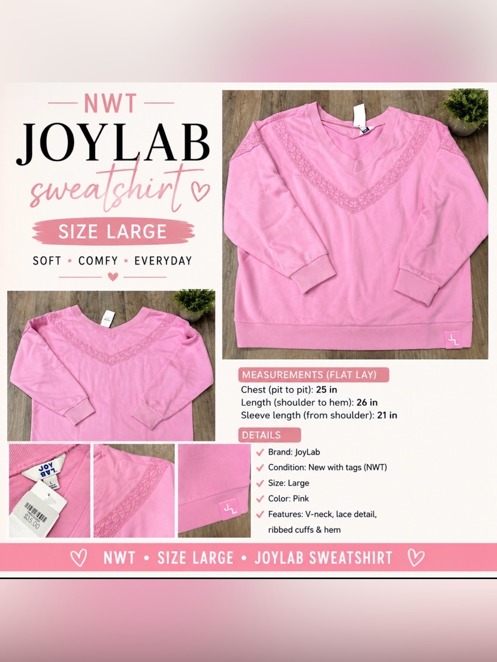 NWT JoyLab Pink Lace Trim V-Neck Sweatshirt | Women’s Large | Soft Cozy Pullover